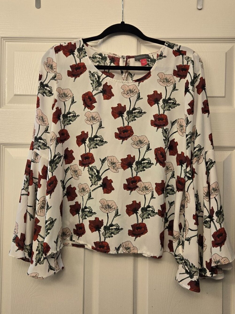 Vince Camuto - White blouse with red flowers, long bell sleeves, size large.